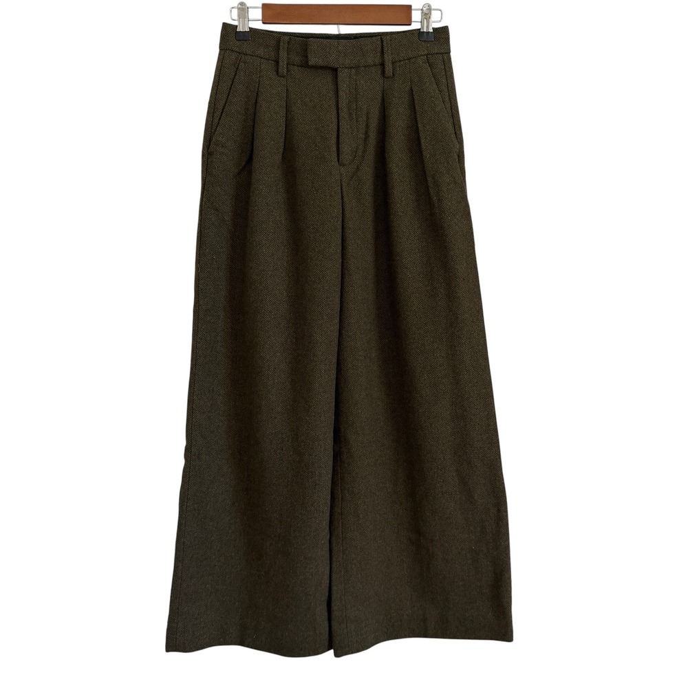 Banana Republic Wide Leg Pants Petite 0 Lined Wool Blend Herringbone Olive Brown